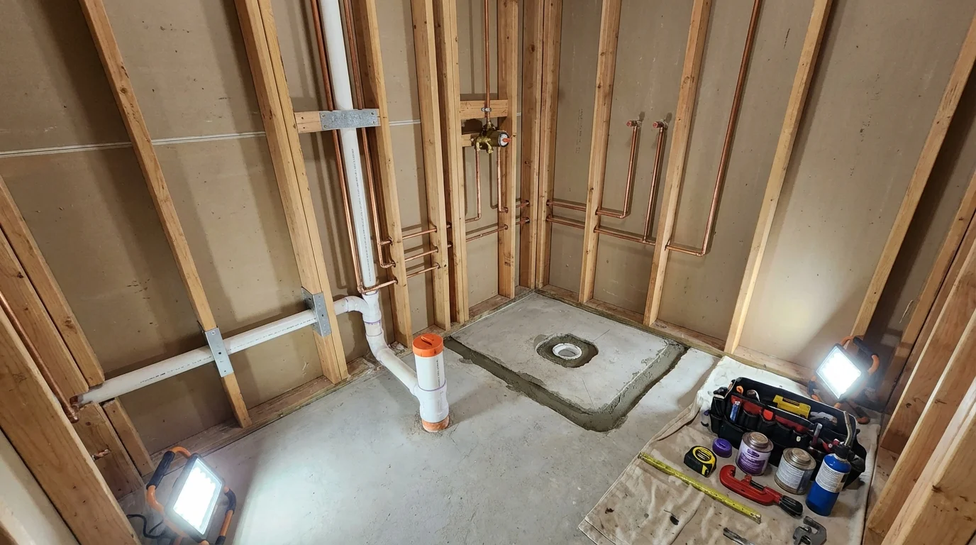Bathroom rough-in plumbing during remodel by Johns Plumbing LLC in Nashua
