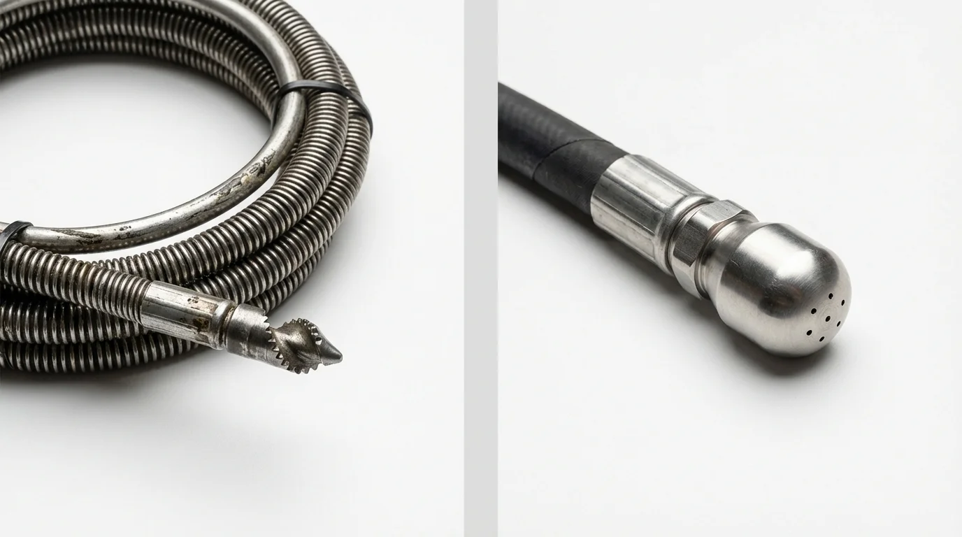 Drain snake cable and hydro jetting nozzle used for drain cleaning in Nashua, NH